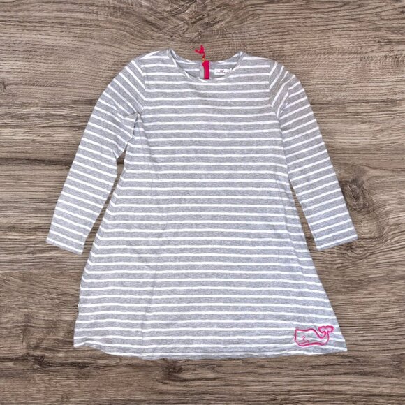VINEYARD VINES Girls Gray White Stripe Long Sleeve Knit A-Line Dress Pink Whale